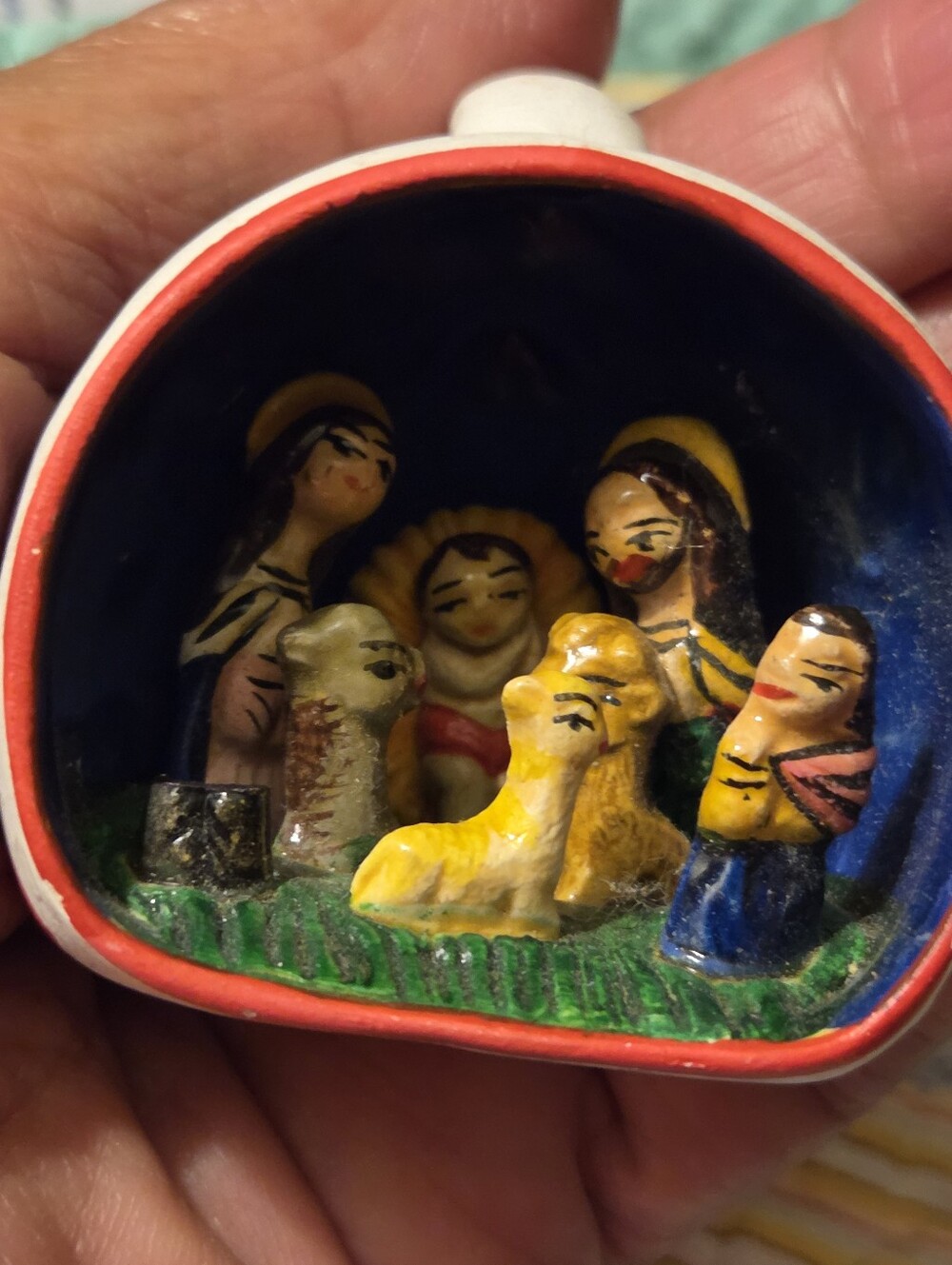 Vintage Folk Art Mini Nativity Diorama Ornament Handpainted Pottery